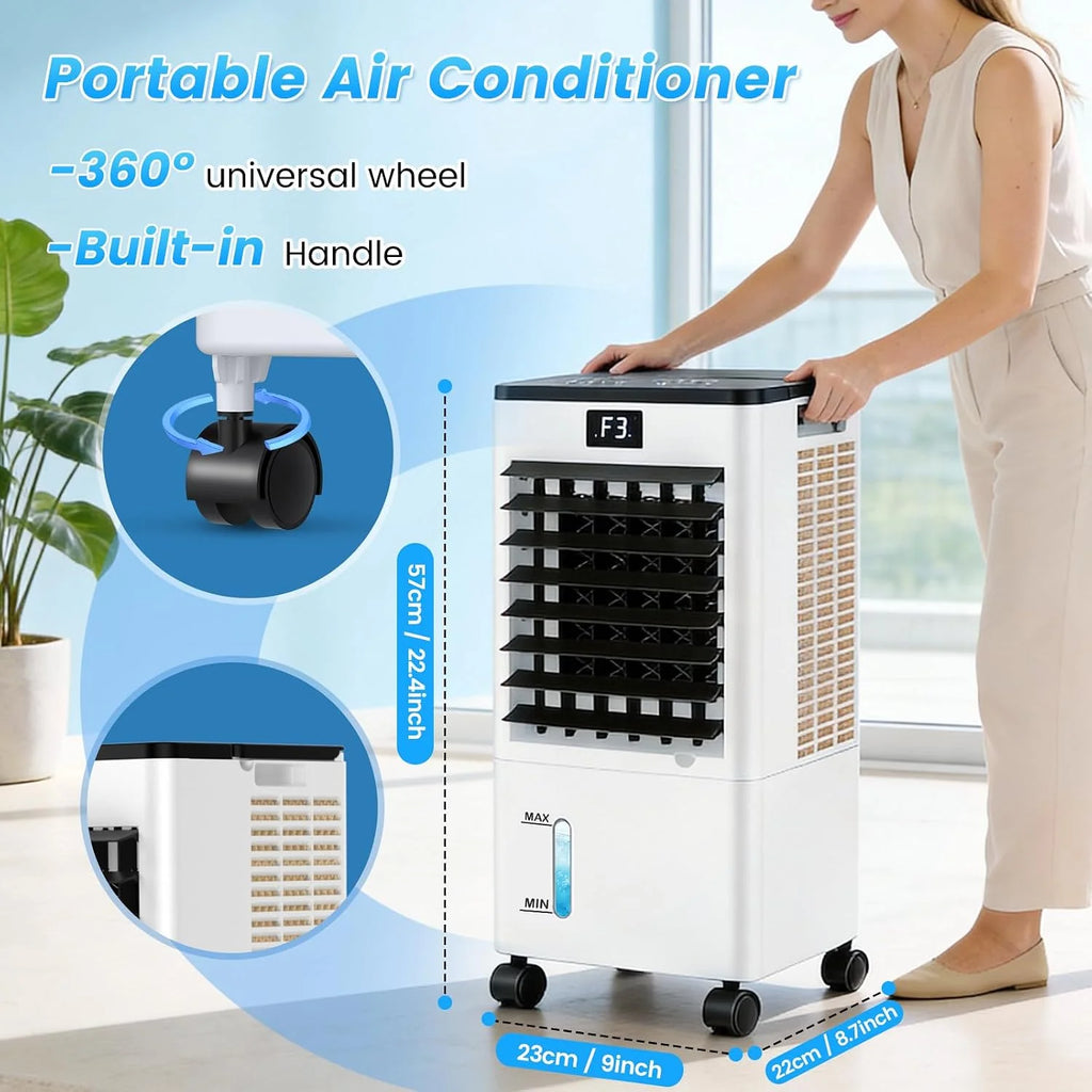 Climatiseur Mobile Silencieux, 8L Refroidisseur d'air 3 IN 1 Climatiseur Portable Ventilateur Humidificateur, 12H Minuterie, 3 Vitesses, Télécommande, Économie d'énergie pour Chambre Maison Bureau