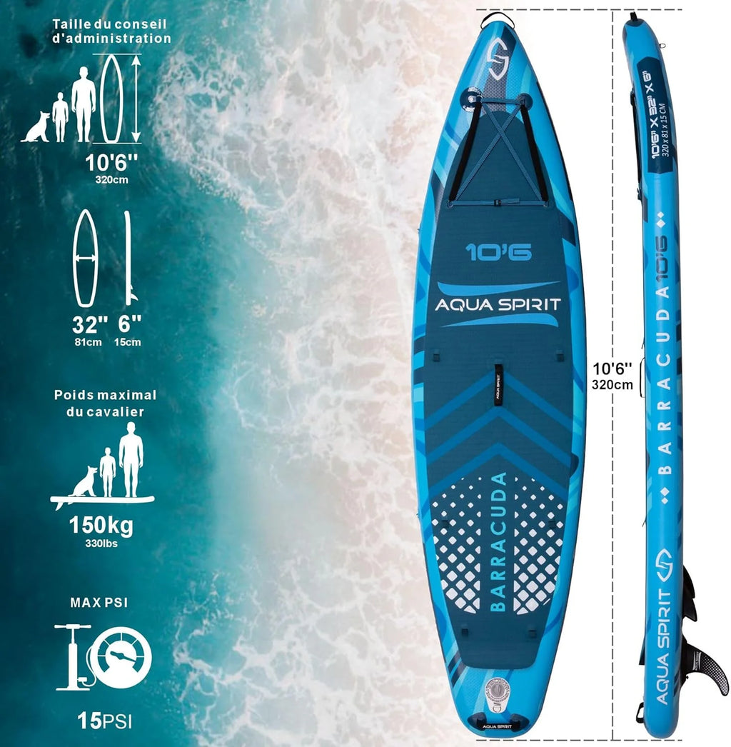 Aqua Spirit Sup Planche à pagaie Gonflable Stand Up 2023 3 m / 10 m / 10 m / 10/12 pi 6/15 pi / 18 po Kit Complet de Conversion de Kayak avec pagaie, Sac à Dos, Pompe et Autres Accessoires
