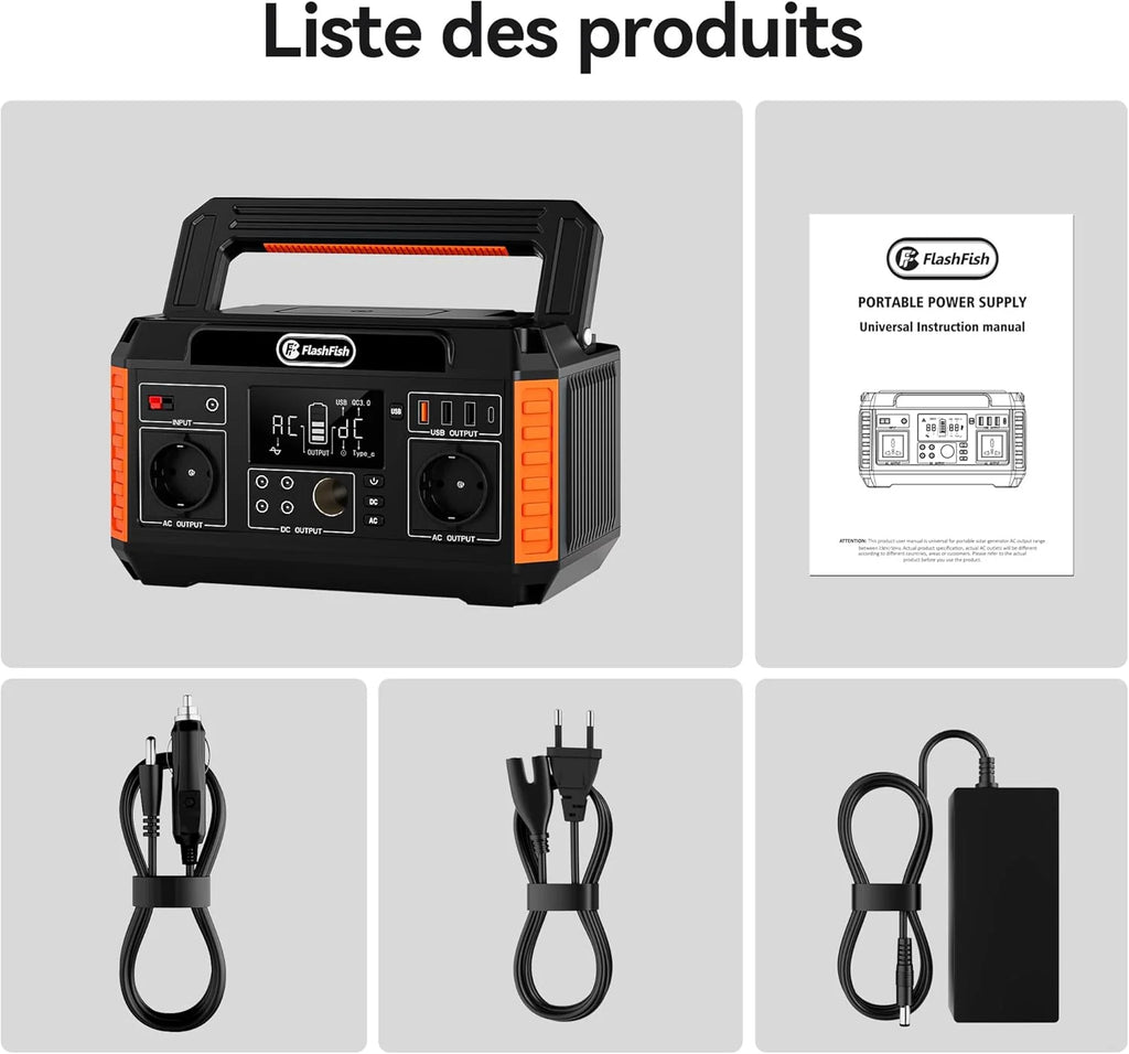 FlashFish 520Wh Generateur Electrique avec Panneau Solaire 100W,Station Electrique Portable avec 2x CA 560W(crête 1100W),5x Sorties CC et 4x USB,Batterie de Secours pour Camping,Extérieur,Domestique