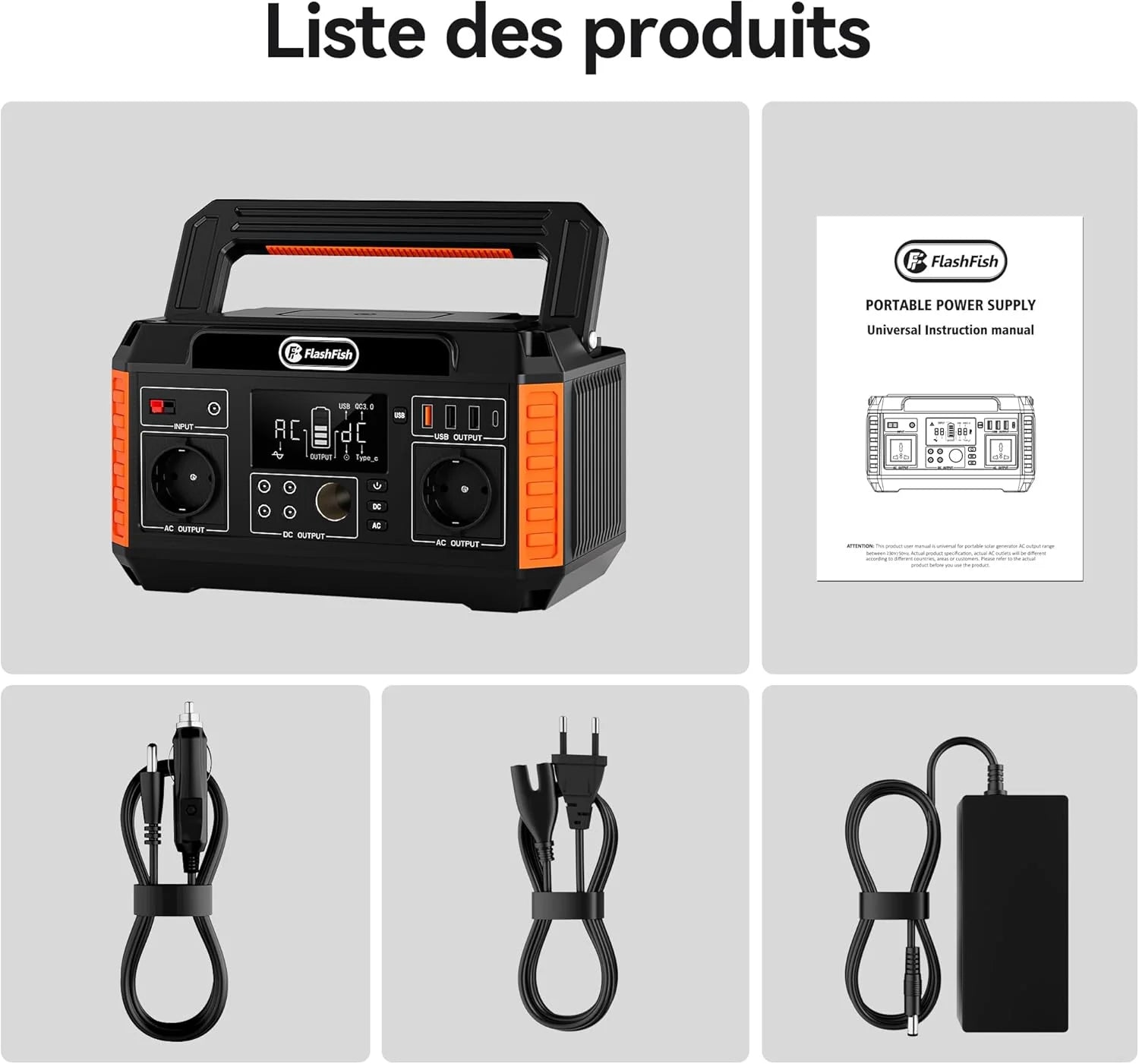 FlashFish 520Wh Generateur Electrique avec Panneau Solaire 100W,Station Electrique Portable avec 2x CA 560W(crête 1100W),5x Sorties CC et 4x USB,Batterie de Secours pour Camping,Extérieur,Domestique