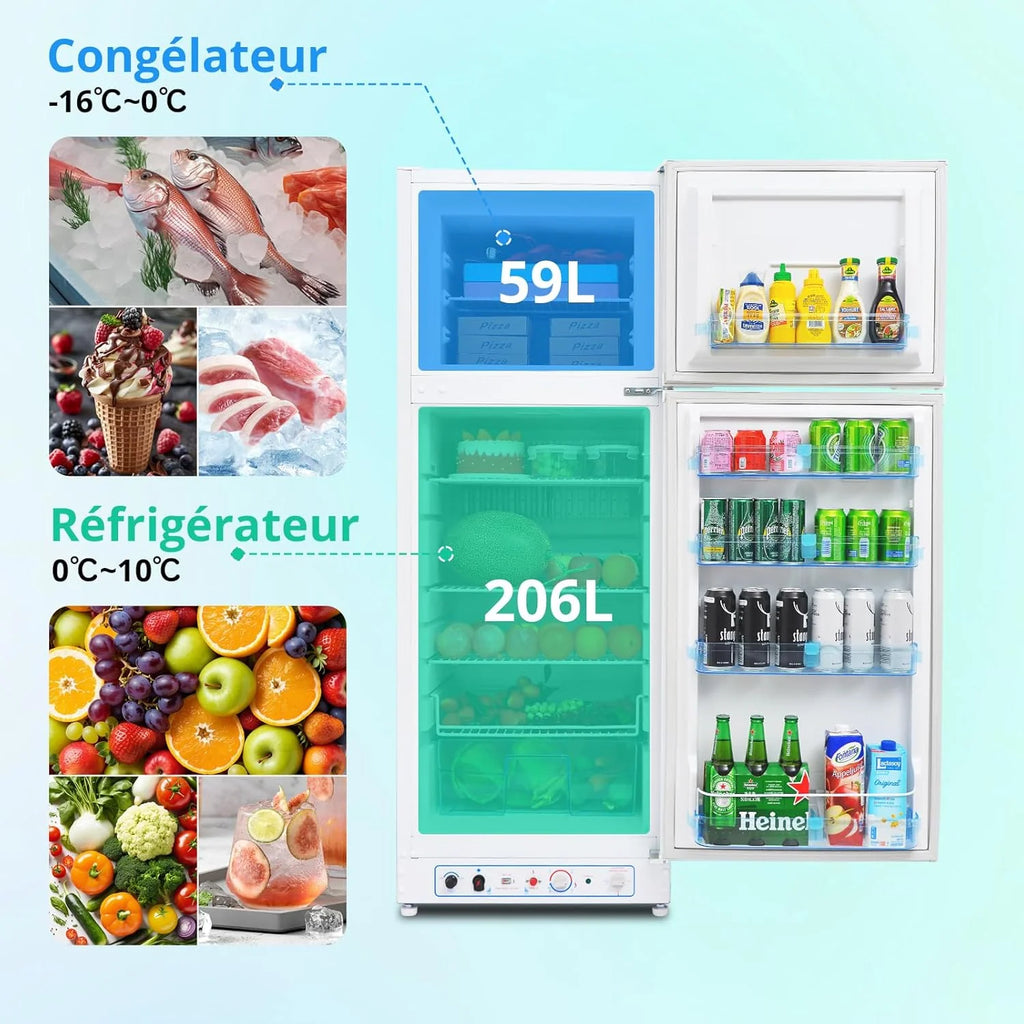 SMETA Frigo Gaz avec Congélateur, 265L, Réfrigérateur Congélateur Combiné Gaz/220V, Frigo Camping Gaz pour Camping-car, Garage, Caravane, Mobile-home, Blanc