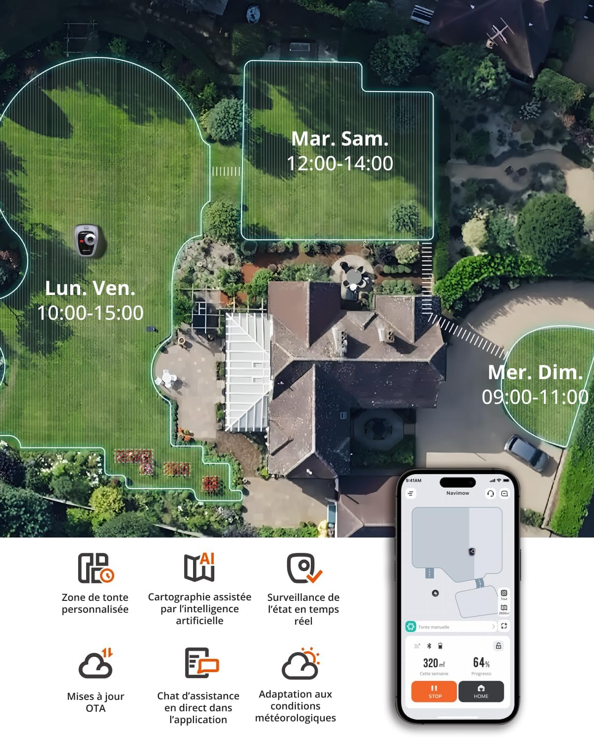 Navimow i105E Robot Tondeuse sans Fil périphérique, Recommandé 500 m², Max. 600 m², RTK+Vision Tondeuse Robot Gazon, IA cartographie Automatique, Limite virtuelle, Gestion multizon