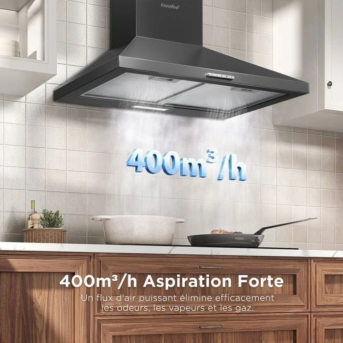 Hotte Aspirante 60cm Comfee - 400 m³/h - Classe A++ - 2 Filtres à Charbon - 3 Vitesses - Recyclage & Évacuation - LED lampe - Inox