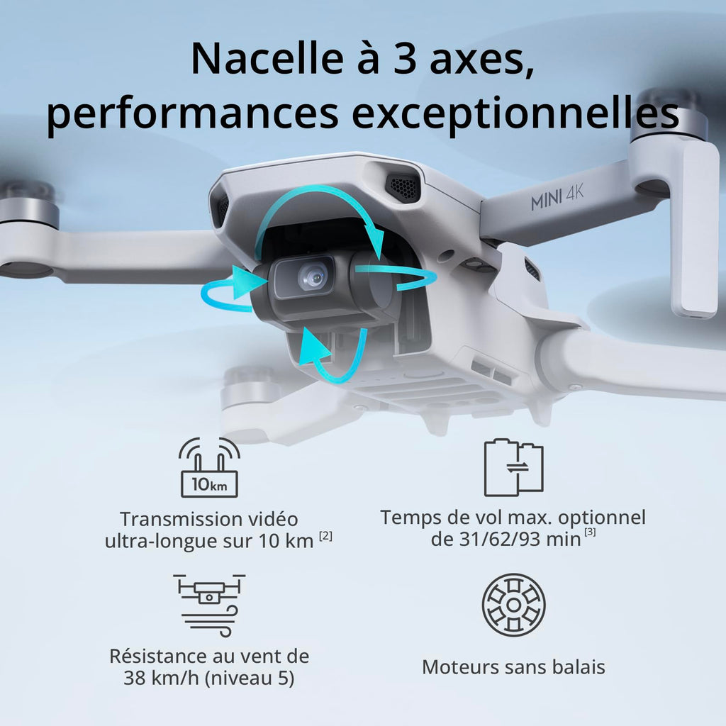 Mini 4K, Drone Caméra 4K UHD, Moins de 249 g, Stabilisation de la Nacelle à 3 Axes, Transmission Vidéo sur 10 km, Retour Auto, Résistance au Vent,