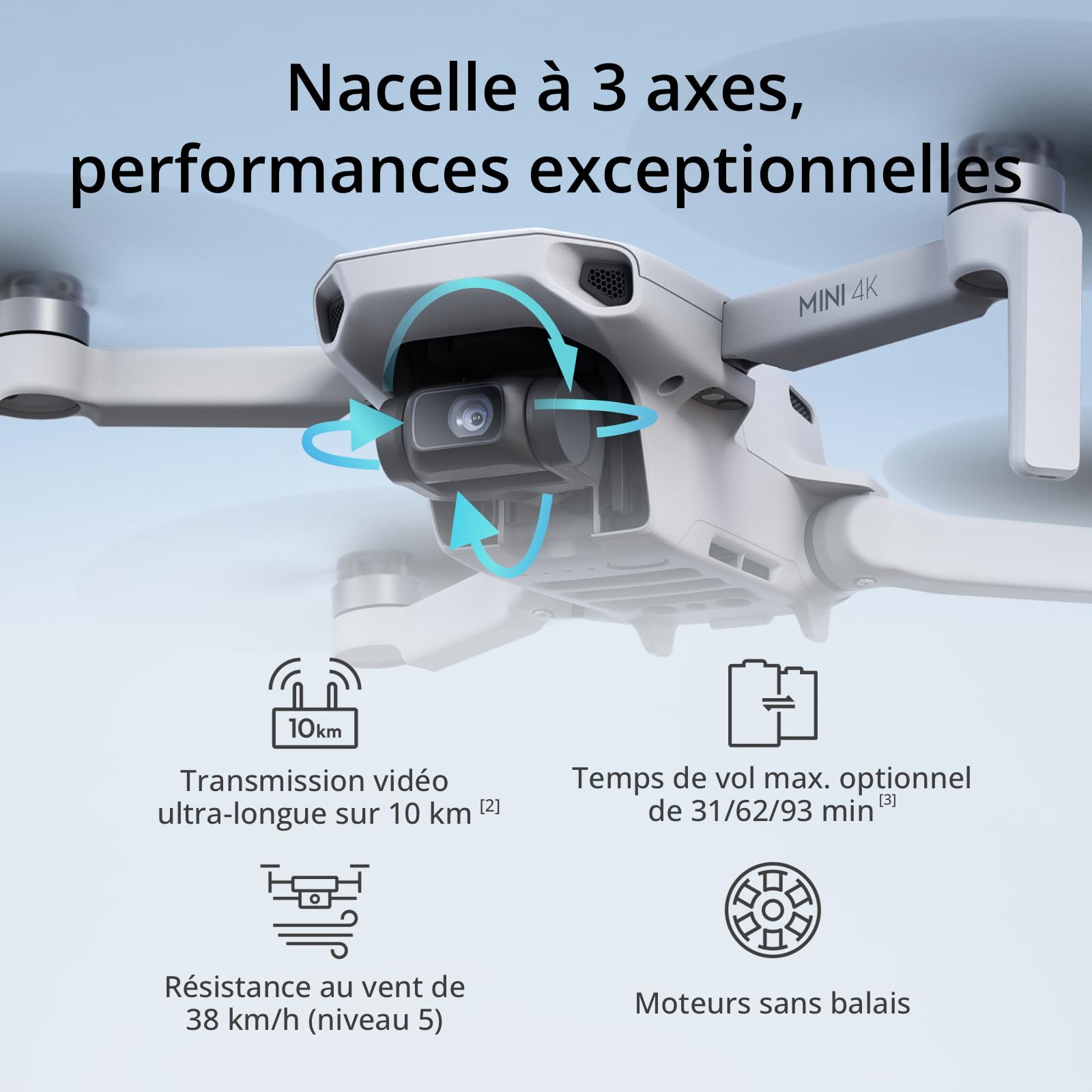 Mini 4K, Drone Caméra 4K UHD, Moins de 249 g, Stabilisation de la Nacelle à 3 Axes, Transmission Vidéo sur 10 km, Retour Auto, Résistance au Vent,