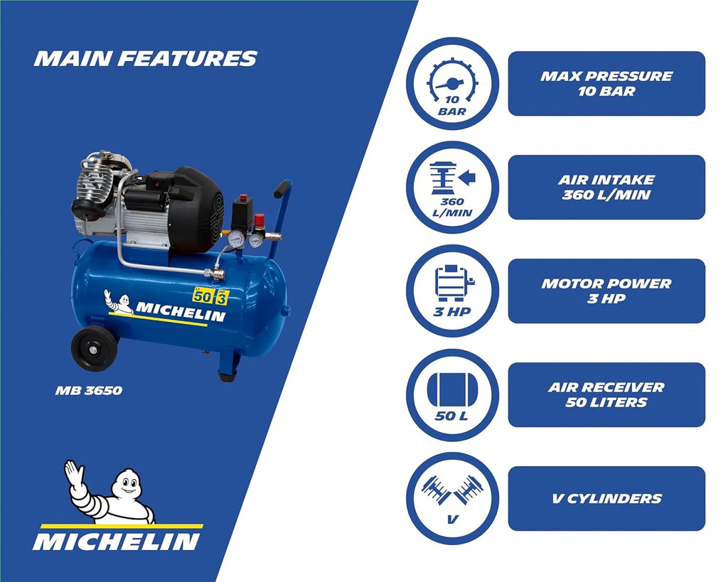 MICHELIN Compresseur d'Air Portatif MB3650 - Cuve 50 Litres - Moteur 3 cv - Pression Maximale 10 bar - Débit d'Air 360 l/min - 21.6 m³/h