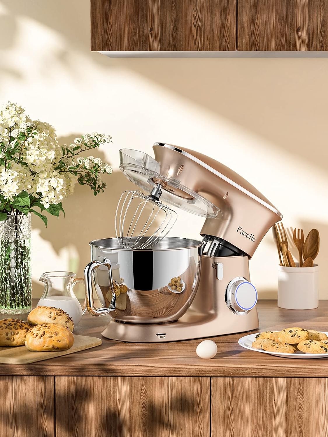 Facelle Robot Ptissier Multifonctions de Cuisine 1500W 8.5L, Puissant, Métalique, Mixeur Batteur sur Scole, avec Batteur, Fouet, Crochet Pétrin, 6 Vitesses,Robot Patisserie Multifonction