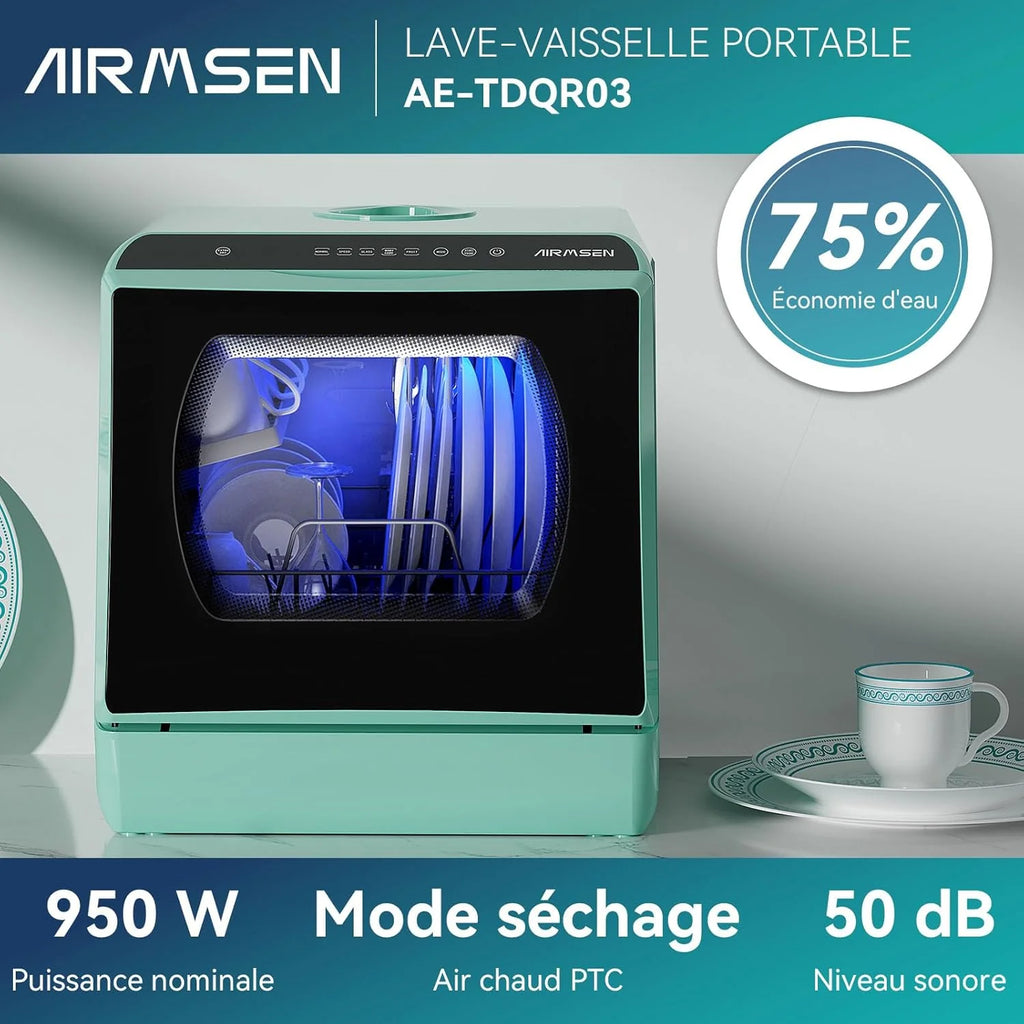 AIRMSEN Mini Lave-Vaisselle de Comptoir, 5+1 Programmes, Réservoir d'Eau de 5L, Contrôle Tactile et Écran LED, Adapté pour les Cuisines Familiales, Appartements et Dortoirs, Vert