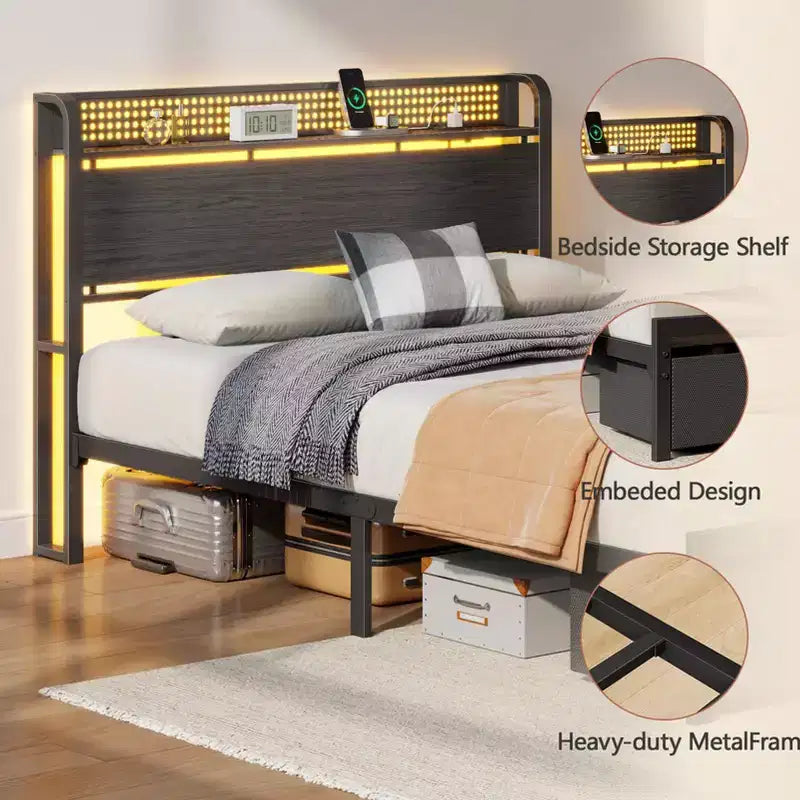 Cadre de lit plateforme pleine grandeur 2 tiroirs de rangement Tête de lit Lumières LED Station de charge Métal Bois robuste Pas besoin de sommier Chambre d'amis USB