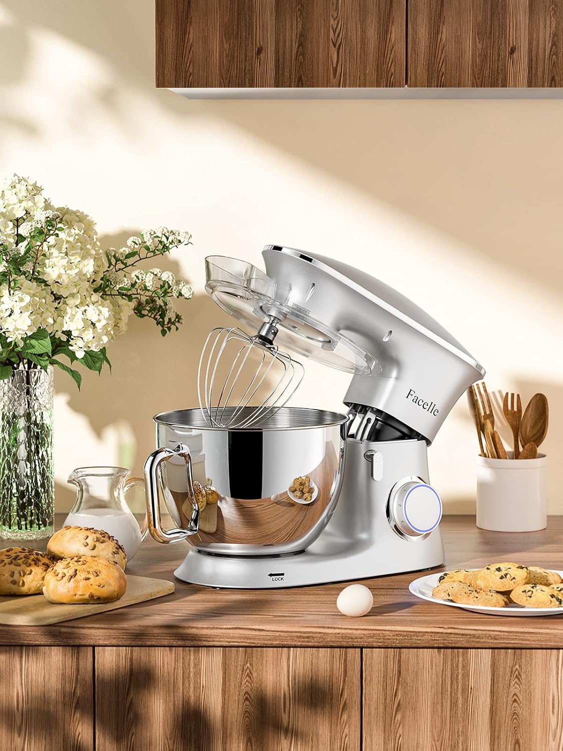Facelle Robot Ptissier Multifonctions de Cuisine 1500W 8.5L, Puissant, Métalique, Mixeur Batteur sur Scole, avec Batteur, Fouet, Crochet Pétrin, 6 Vitesses,Robot Patisserie Multifonction