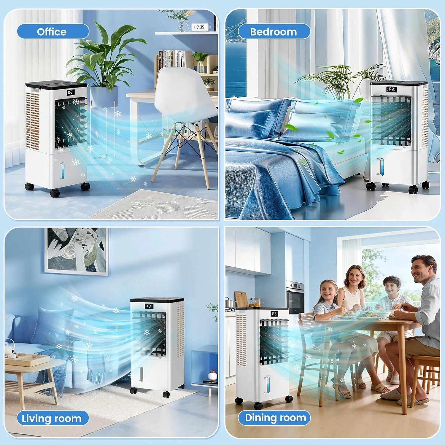 Climatiseur Mobile Silencieux, 8L Refroidisseur d'air 3 IN 1 Climatiseur Portable Ventilateur Humidificateur, 12H Minuterie, 3 Vitesses, Télécommande, Économie d'énergie pour Chambre Maison Bureau