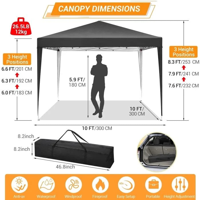 Tonnelle de Jardin Pliante 3x3m, Tente de Réception étanche et Protection UV, Chapiteau/Pavillon 3 Hauteur réglable-Noir