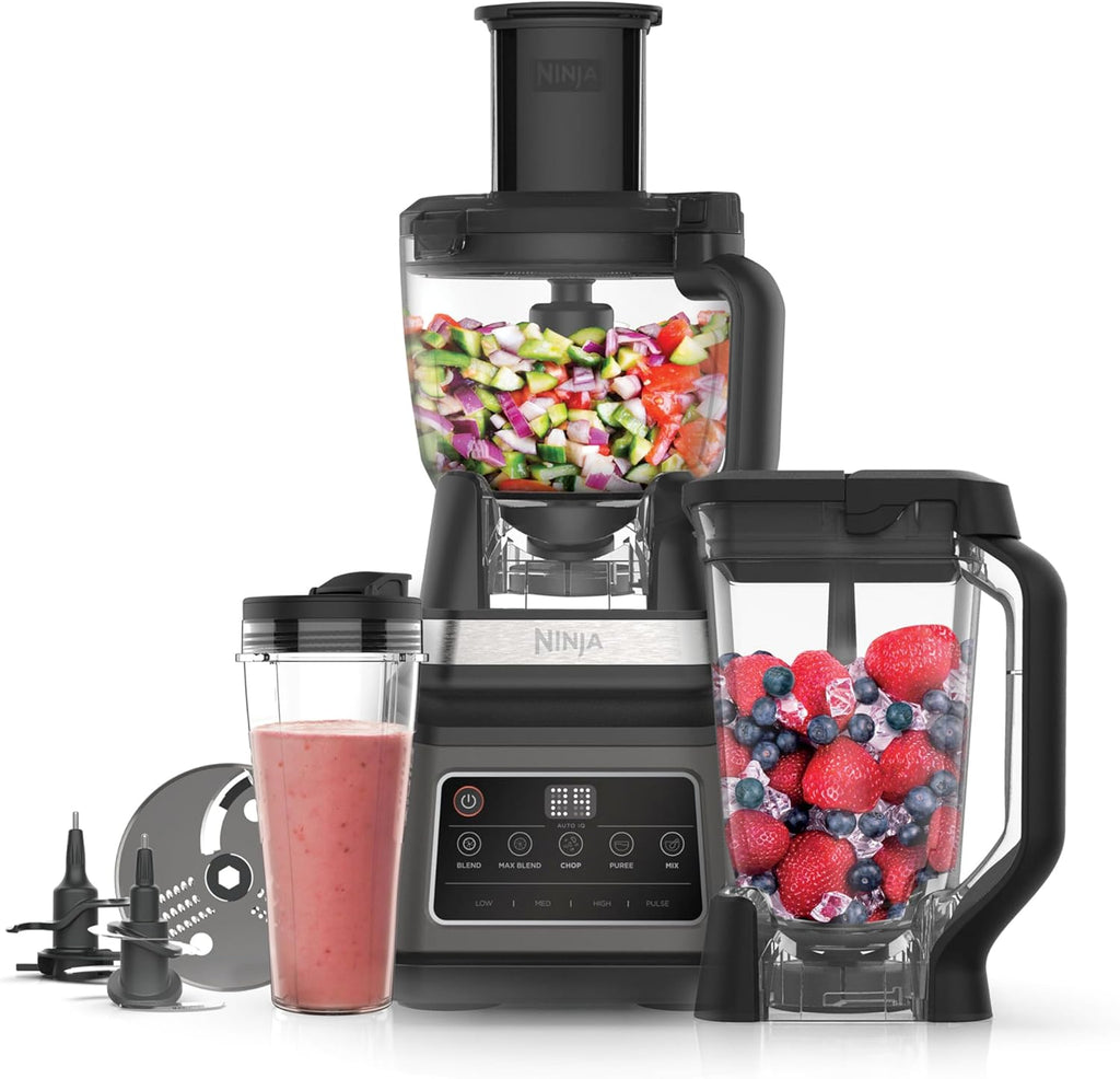 Ninja 3-en-1 Robot de cuisine et mixeur avec 5 programmes: Mixer, Mixer Max, Hacher, Mélanger, Purée, Bol 1,8L, Cruche 2,1L, Tasse 700ml, 1200W, lavables au lave-vaisselle, Auto-iQ, Noir BN800EU