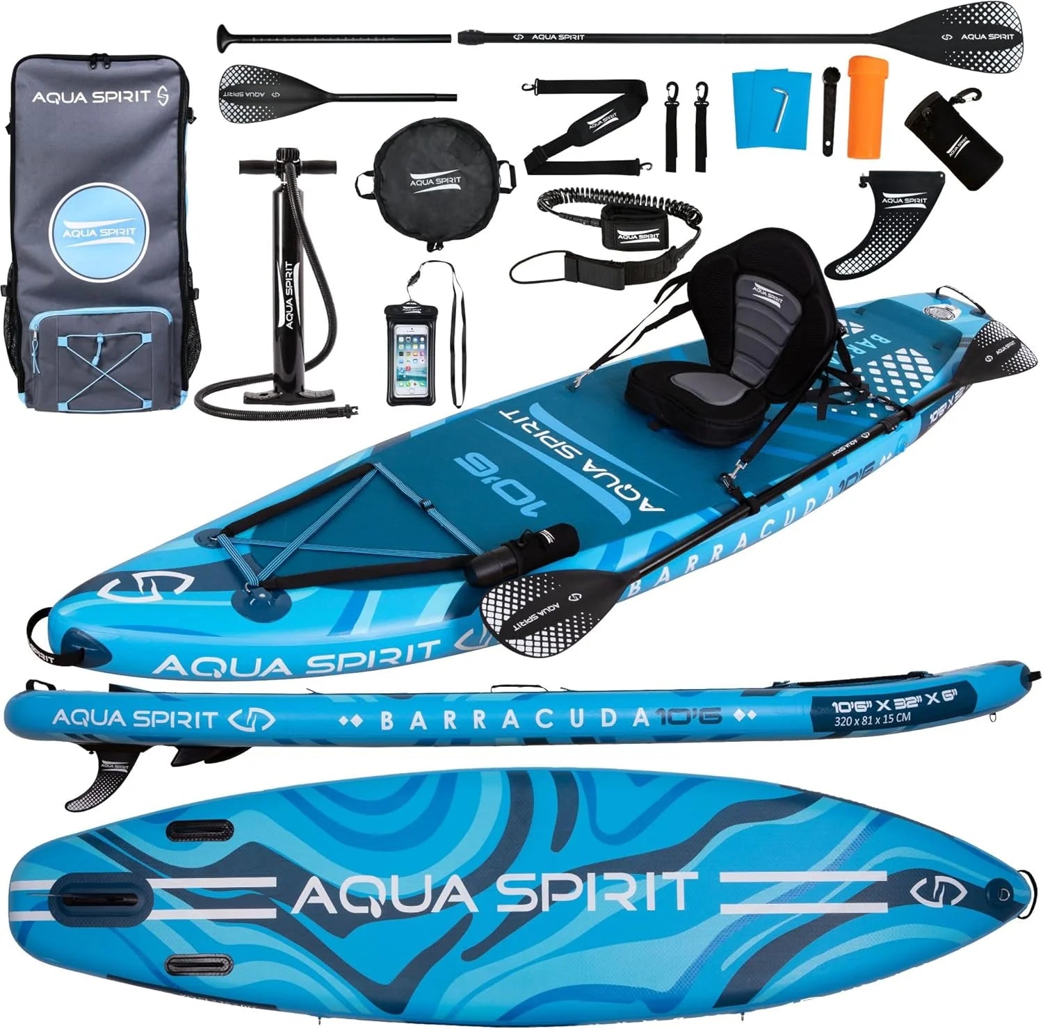 Aqua Spirit Sup Planche à pagaie Gonflable Stand Up 2023 3 m / 10 m / 10 m / 10/12 pi 6/15 pi / 18 po Kit Complet de Conversion de Kayak avec pagaie, Sac à Dos, Pompe et Autres Accessoires