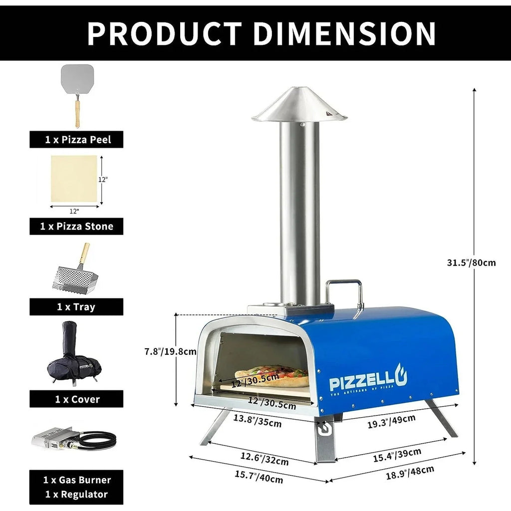 Four à Pizza Extérieur Multi-Combustibles avec Brûleur à Gaz et Boîte à Bois - 12 pouces