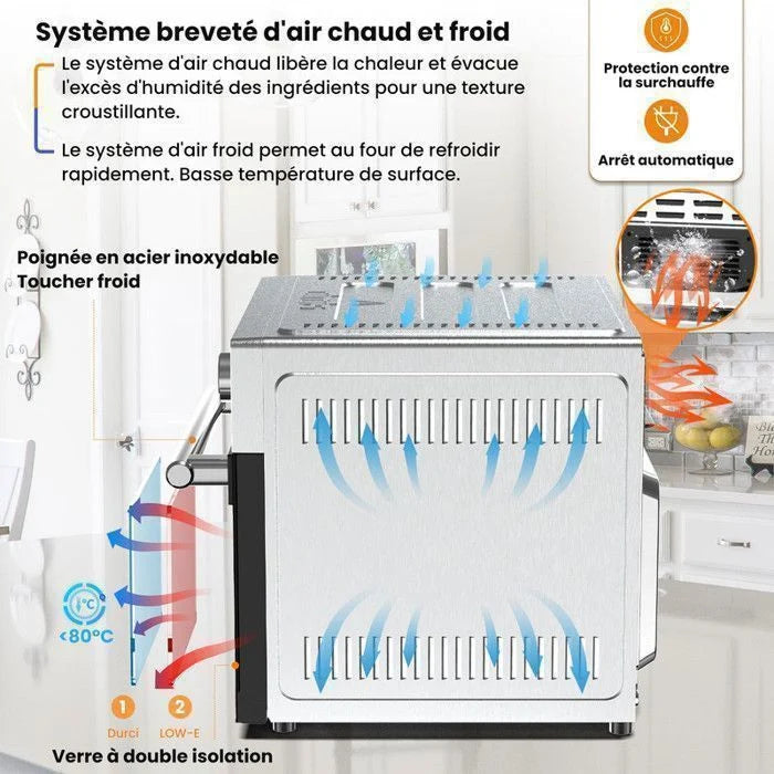 Mini four professionnel - Four a air, 30L/21 Programmes/30-230℃,  Lumière intégrée, Cavité et plateaux en acier inoxydable