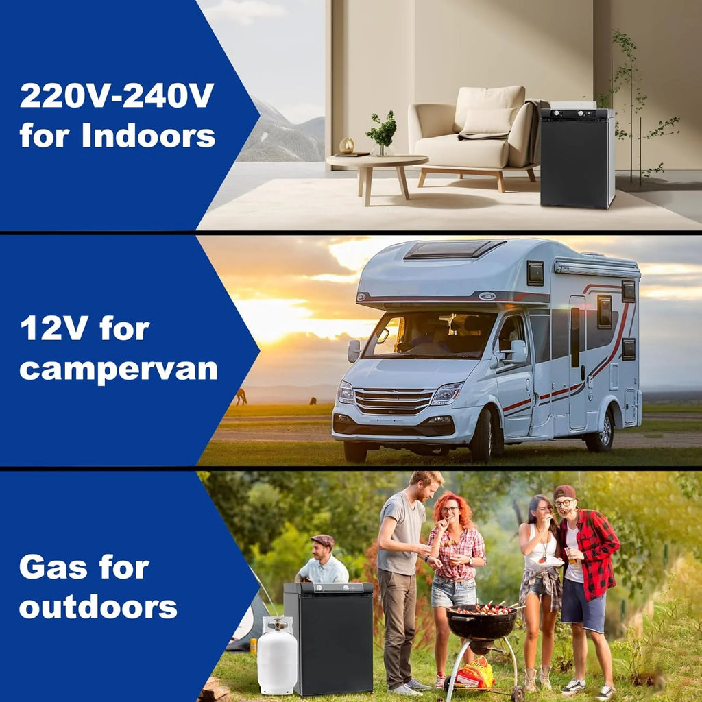 SMETA Frigo Trimixte 60L, 12V/220V/Gaz, Frigo Camping Gaz, Mini Frigo Silencieux pour Camping-Car, Caravane, Camion et Fourgon, Réfrigérateur Portable Noir