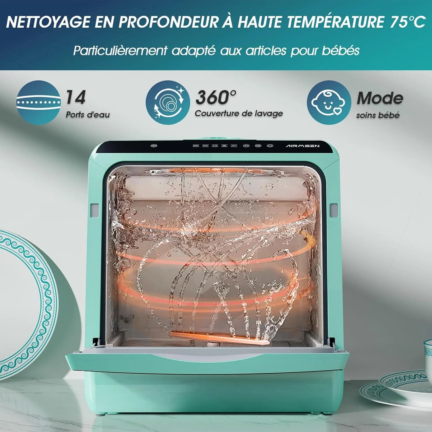 AIRMSEN Mini Lave-Vaisselle de Comptoir, 5+1 Programmes, Réservoir d'Eau de 5L, Contrôle Tactile et Écran LED, Adapté pour les Cuisines Familiales, Appartements et Dortoirs, Vert