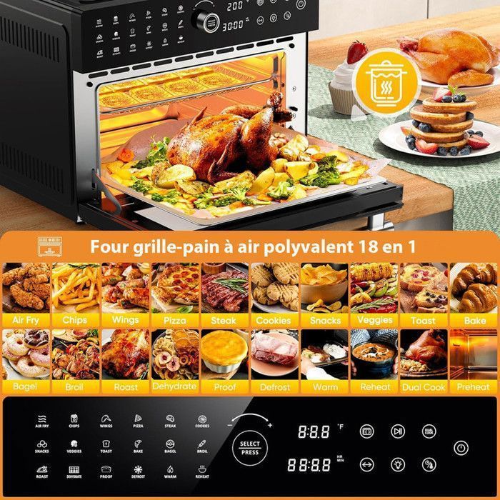 Mini four professionnel - Four a air, 30L/21 Programmes/30-230℃,  Lumière intégrée, Cavité et plateaux en acier inoxydable