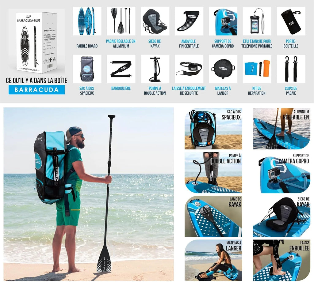 Aqua Spirit Sup Planche à pagaie Gonflable Stand Up 2023 3 m / 10 m / 10 m / 10/12 pi 6/15 pi / 18 po Kit Complet de Conversion de Kayak avec pagaie, Sac à Dos, Pompe et Autres Accessoires
