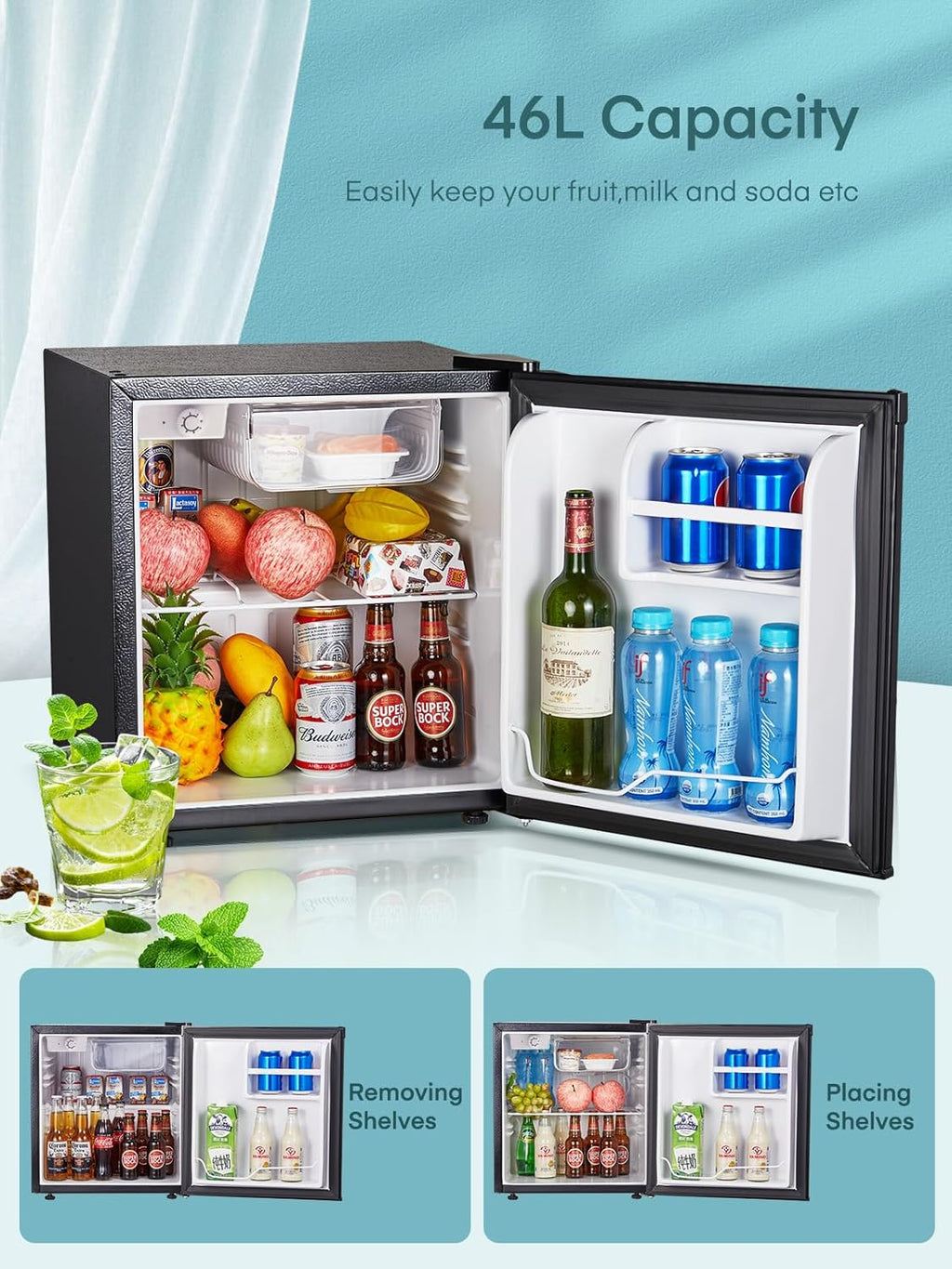 FOHERE Mini Réfrigérateur 46L, Petit Frigo avec Thermostat Réglable, Économie d'Énergie, Silencieux, Porte Réversible, Minibar, Adapté à la Maison et au Bureau, Dortoir, Hôtel, Inox