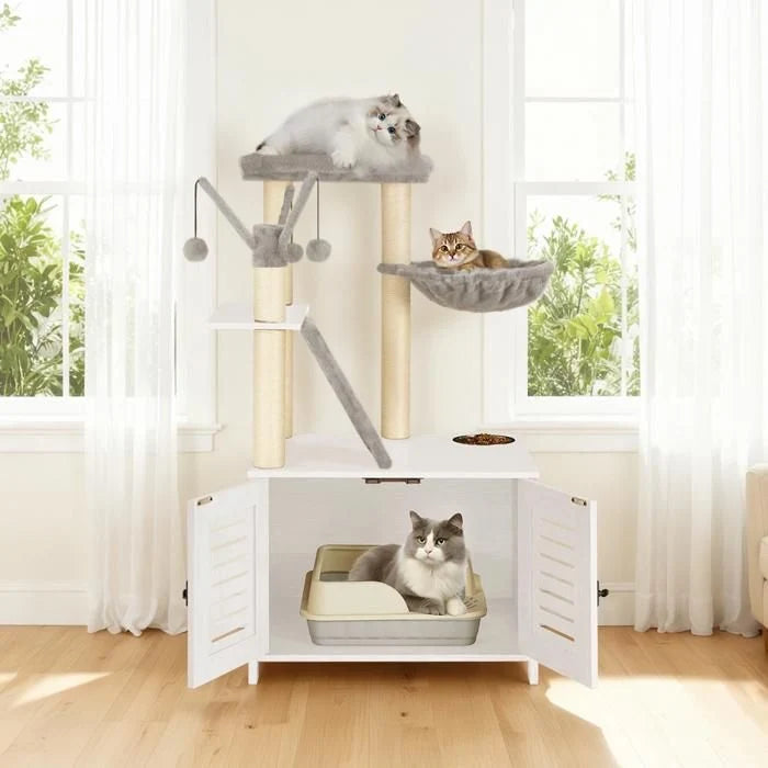 HOOBRO Arbre à Chat avec Maison de Litière pour Chat, Maison pour Chat en Bois avec Tour à Chat, Grège