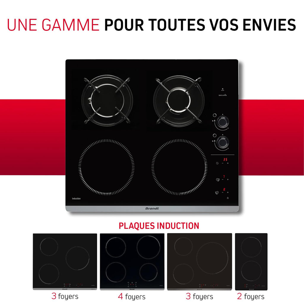 Brandt - BPI6413BM - Plaque Induction et Gaz - Table de Cuisson - Noir - 4 Foyers - 3400W Electrique et 4600 Gaz - Dimensions Encastrement : 56x49cm -