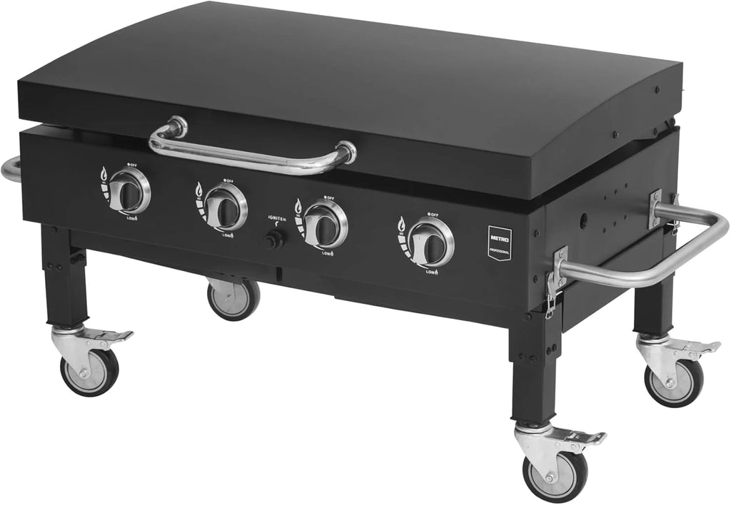 METRO PROFESSIONAL Barbecue Plancha à Gaz avec 4 Brûleurs Dayton, Acier Inoxydable, 14.8 kW, Allumage par Impulsion, 4 roulettes Pivotantes, Pliable, Noir