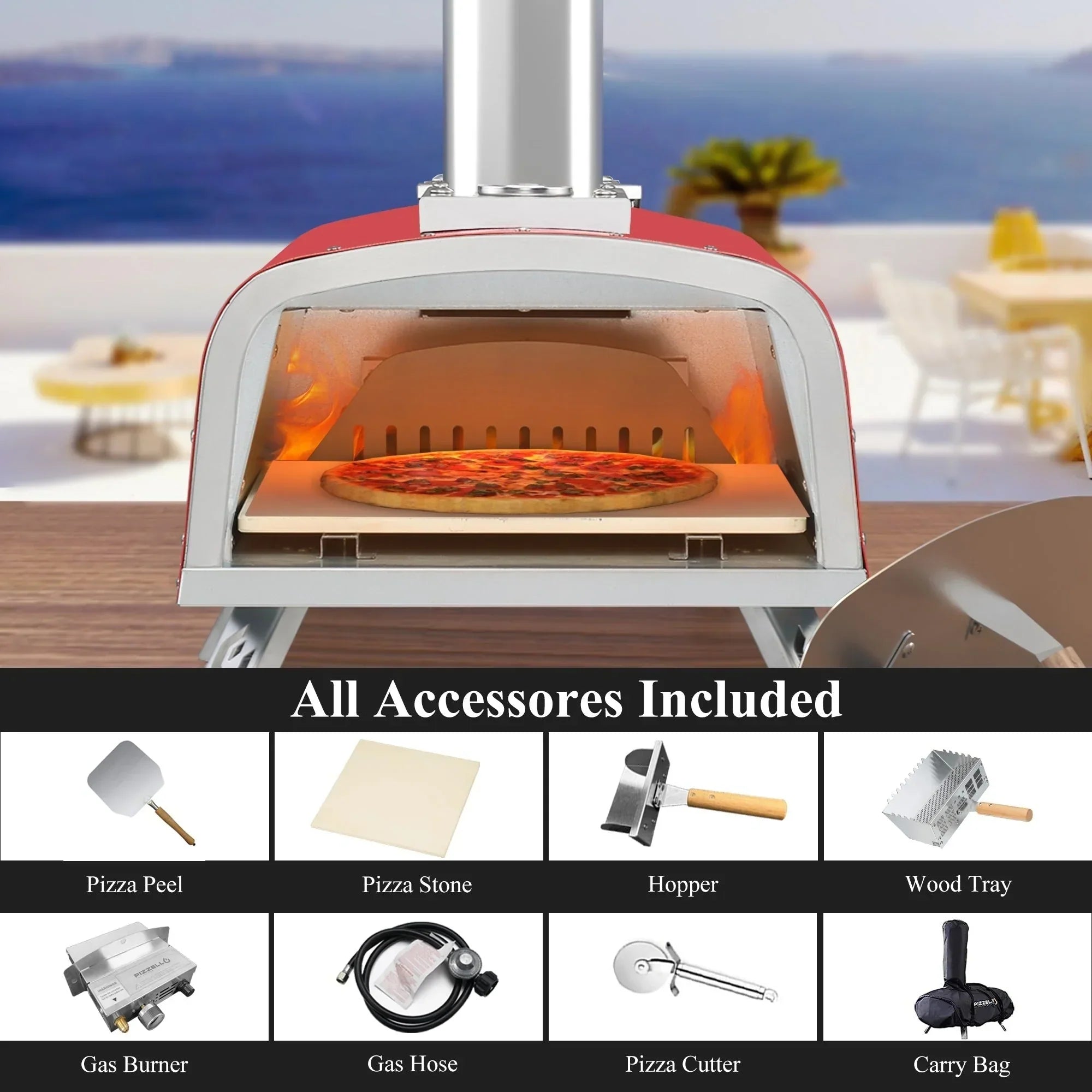 Four à Pizza Extérieur Multi-Combustibles avec Brûleur à Gaz et Boîte à Bois - 12 pouces