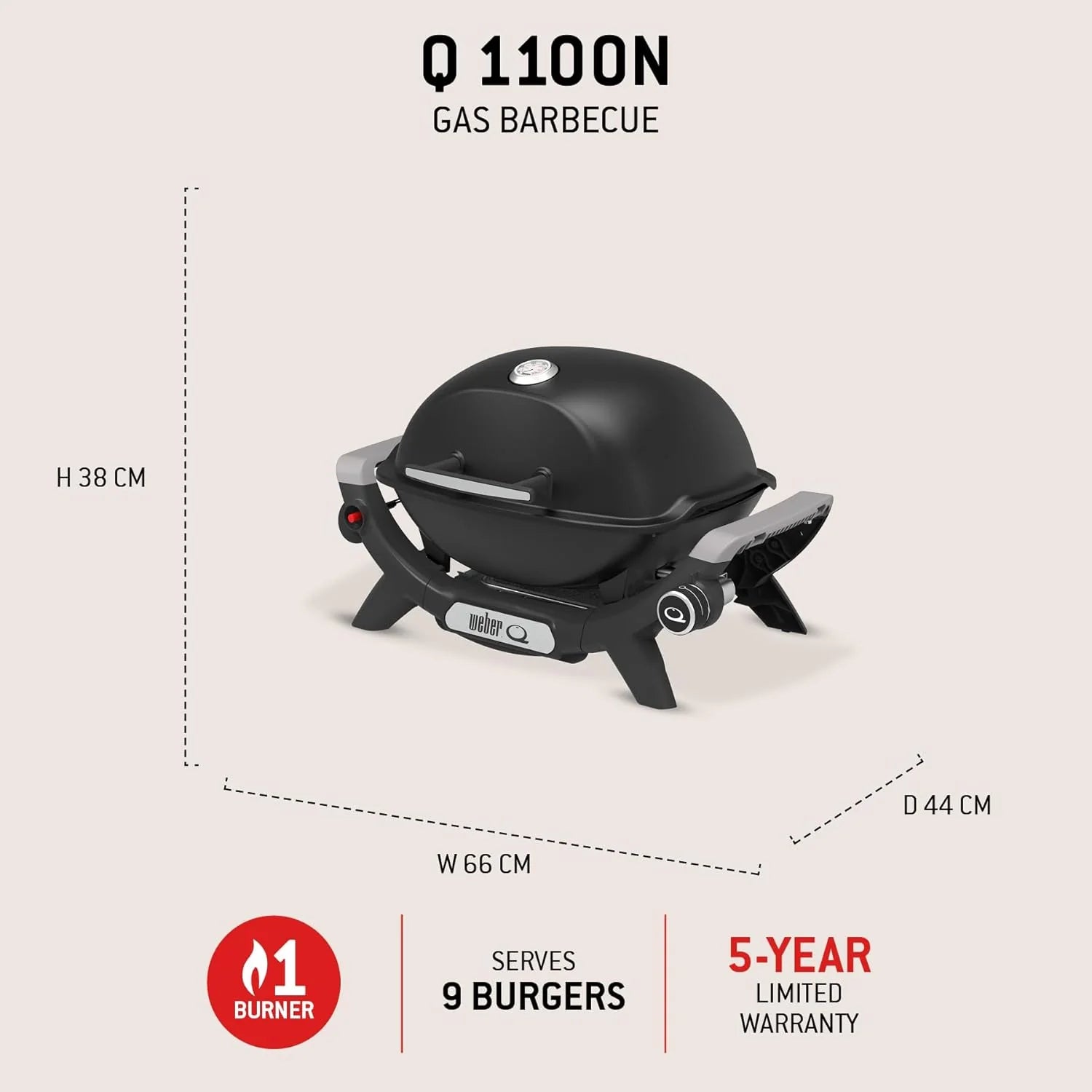Weber Barbecue à gaz Q 1100N / Barbecue portable léger pour camping, patios et balcons avec brûleur haute efficacité, grilles en fonte émaillée et allumage électronique, noir