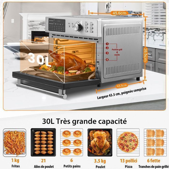 Mini four professionnel - Four a air, 30L/21 Programmes/30-230℃,  Lumière intégrée, Cavité et plateaux en acier inoxydable