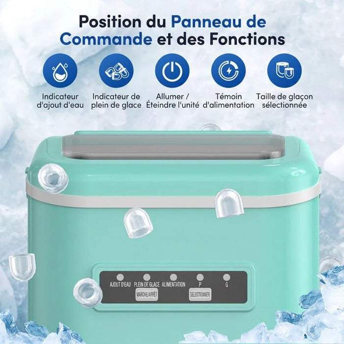Machine à glaçons verte 12kg/24h, réservoir 1.4L, 9 glaçons en 6min, silencieuse, autonettoyante, 2 tailles de glaçons, avec poignée