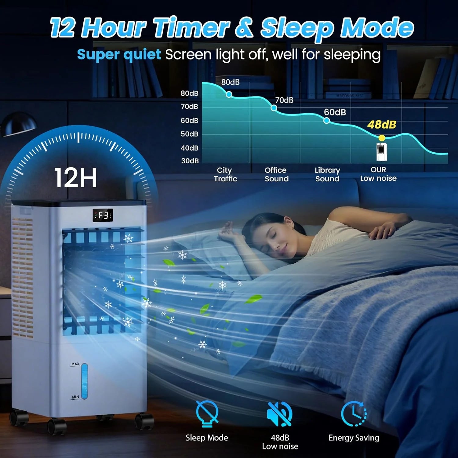 Climatiseur Mobile Silencieux, 8L Refroidisseur d'air 3 IN 1 Climatiseur Portable Ventilateur Humidificateur, 12H Minuterie, 3 Vitesses, Télécommande, Économie d'énergie pour Chambre Maison Bureau