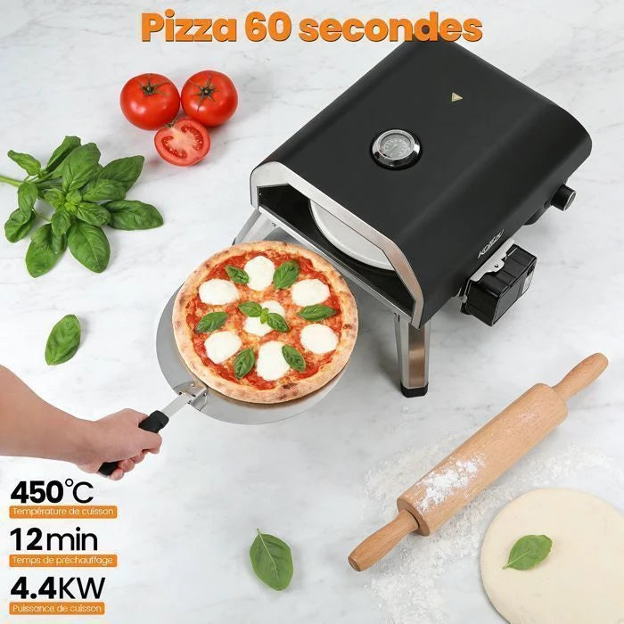 KOTEZU Four à Pizza Gaz 12", Pierre Rotative Auto, 4,4 kW, Thermomètre