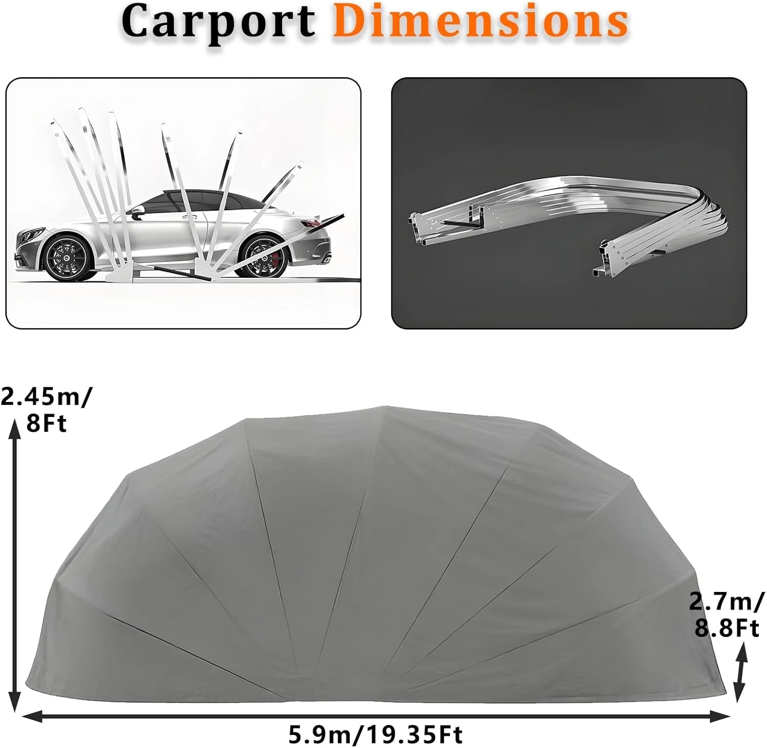 Abri De Voiture Semi-Automatique en Acier Inoxydable, Abri Voiture Exterieur Pliable, Garage Mobile Exterieur, L 5,5m x W 2.5 x H 2.3m / L 5,9m x W 2,7 x H 2,45 m (Gris) (5.9 x 2.7 x 2.45m)