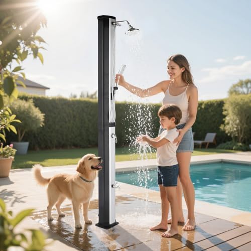 Bonnlo Douche Solaire 60L, Douche Exterieur Solaire avec Pommeau de Douche Douchette et Robinet, Eau Chaude et Température réglable, Idéal pour Jardin Plage Piscine