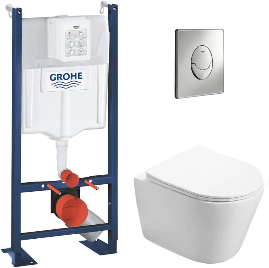 WC Suspendu Pack Complet Accessoires - Pack WC Grohe Bâti autoportant, WC SAT Infinitio sans bride, Plaque chrome, Abattant WC,Cuvette Toilette, Chasse d'eau Wc, Mécanisme