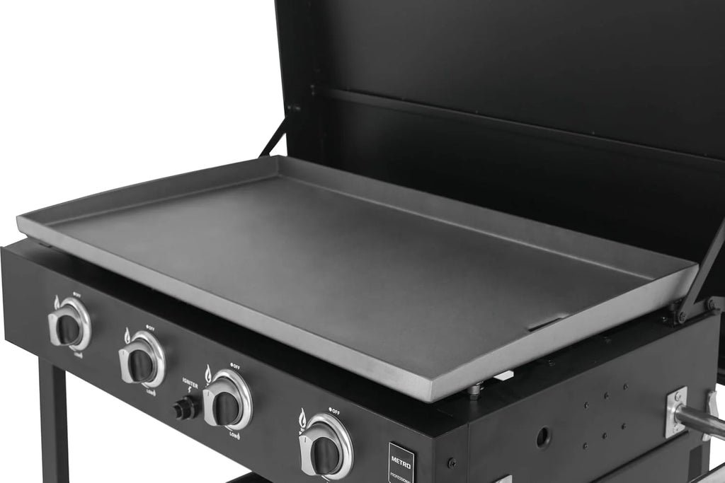 METRO PROFESSIONAL Barbecue Plancha à Gaz avec 4 Brûleurs Dayton, Acier Inoxydable, 14.8 kW, Allumage par Impulsion, 4 roulettes Pivotantes, Pliable, Noir