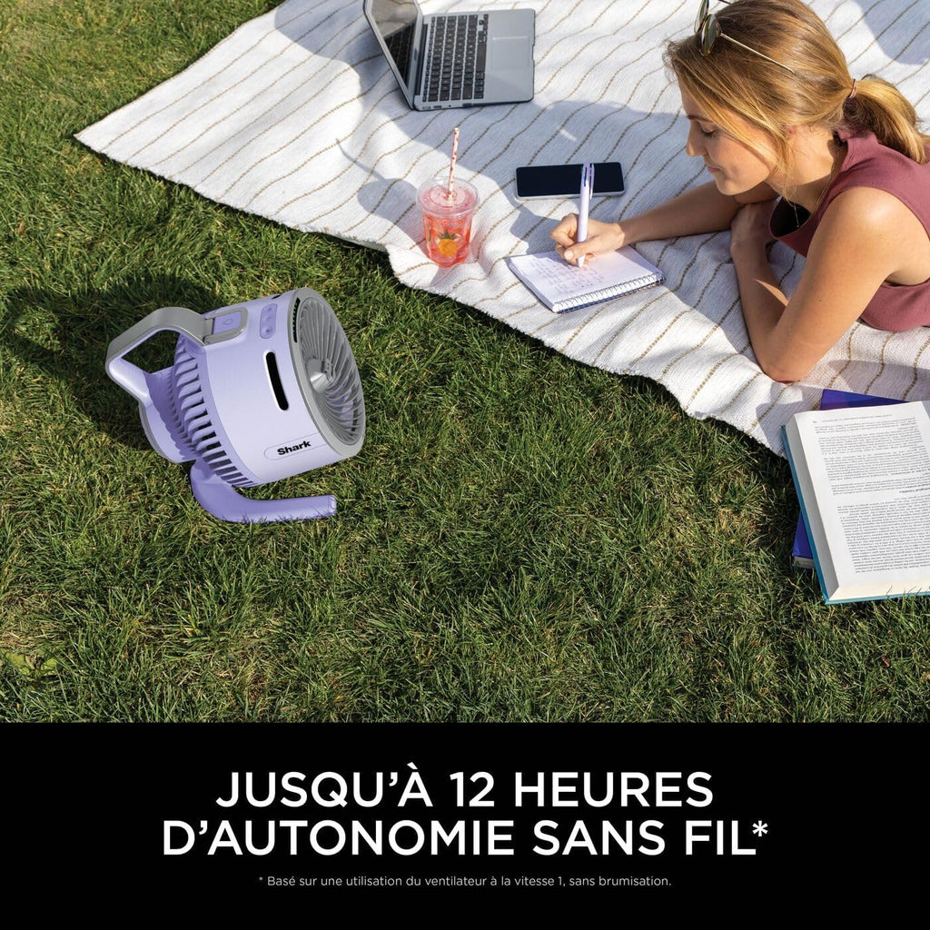 Shark FlexBreeze HydroGo, ventilateur brumisateur portable, rafraîchisseur d'air silencieux intérieur/extérieur, discret et durable, avec/sans fil, léger, 5 réglages de vitesse, Lila FA050EULV