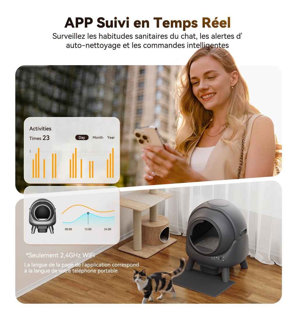 Litiere Chat Autonettoyante FEELNEEDY, Bac à Litière Automatique, Anti-Fuites/Anti-Pincement/Triple Anti-Odeur/Sécurisé/Contrôle APP/Nettoyage Facile, C