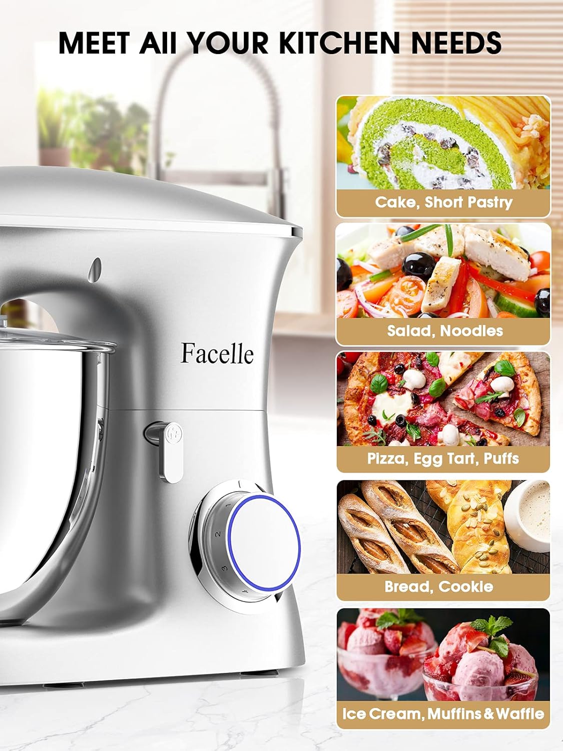 Facelle Robot Ptissier Multifonctions de Cuisine 1500W 8.5L, Puissant, Métalique, Mixeur Batteur sur Scole, avec Batteur, Fouet, Crochet Pétrin, 6 Vitesses,Robot Patisserie Multifonction