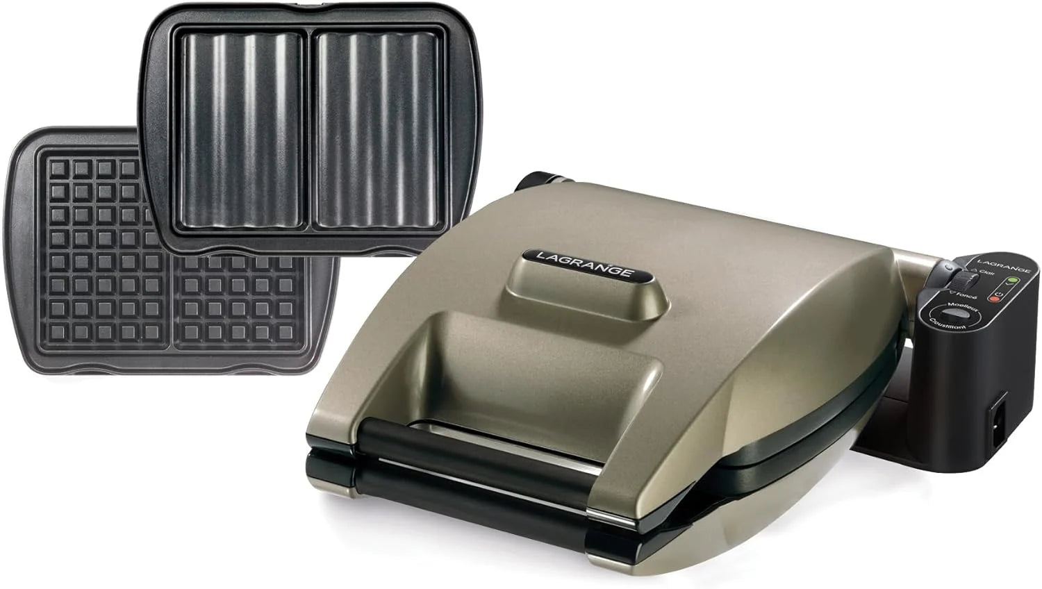 LAGRANGE Gaufrier Premium, 1200W, 2 jeux de plaques inclus (Gaufre Croque Monsieur), Fabriqué en France, Réversible sur son socle, Cuisson personnalisée, Plaques amovibles, Multifonction, 019422(Argent/Noir)