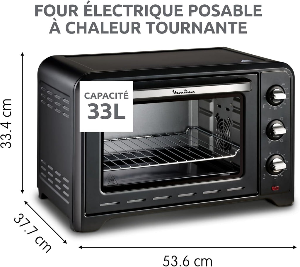 Moulinex Four posable 33 L, Chaleur tournante, Convection de pointe, 6 modes de cuisson, Thermostat réglable jusqu'à 240 °C, Timer 120 min, Grille réversible, Maniques silicone, Optimo Noir OX464811