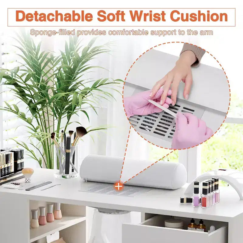 Table de manucure GustoWave de 42,5 po avec repose-poignet et aspirateur de poussière, bureau à ongles avec casier coulissant vertical, blanc