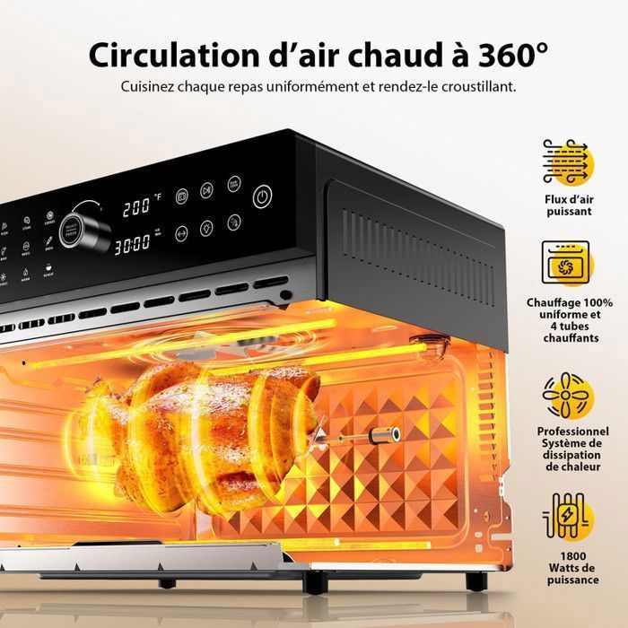 Mini four professionnel - Four a air, 30L/21 Programmes/30-230℃,  Lumière intégrée, Cavité et plateaux en acier inoxydable