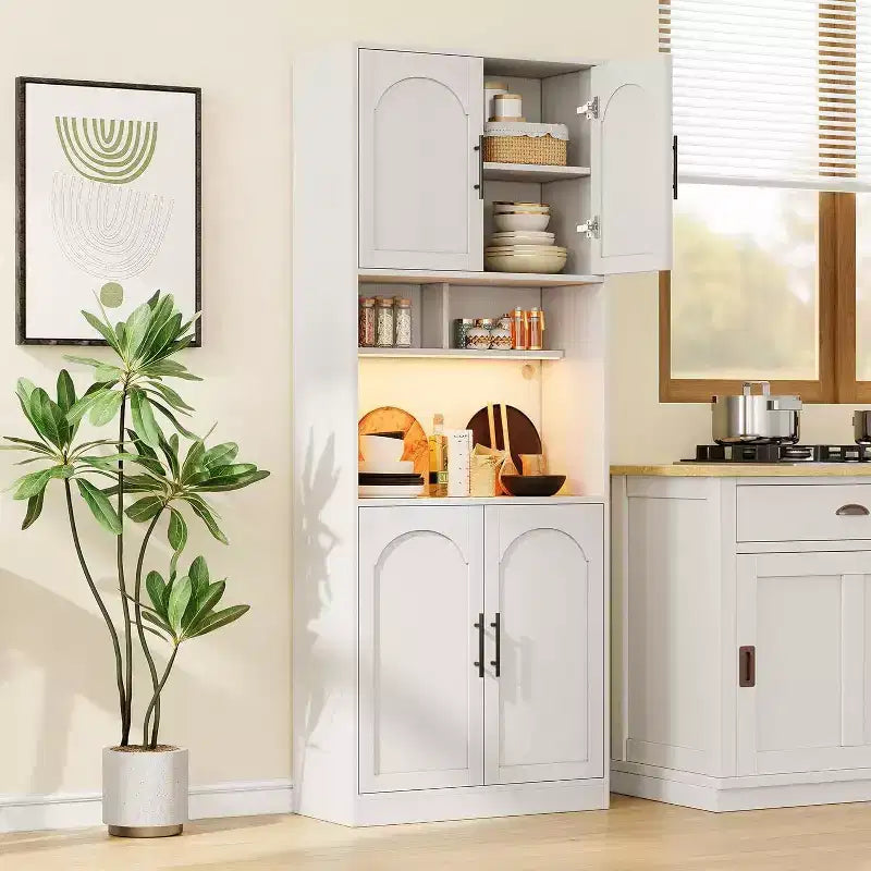 Garde-manger de cuisine avec éclairage RVB, Vaisselier en bois de style rustique avec portes coulissantes, Meuble micro-ondes, Deux étagères ouvertes, Grand placard de rangement