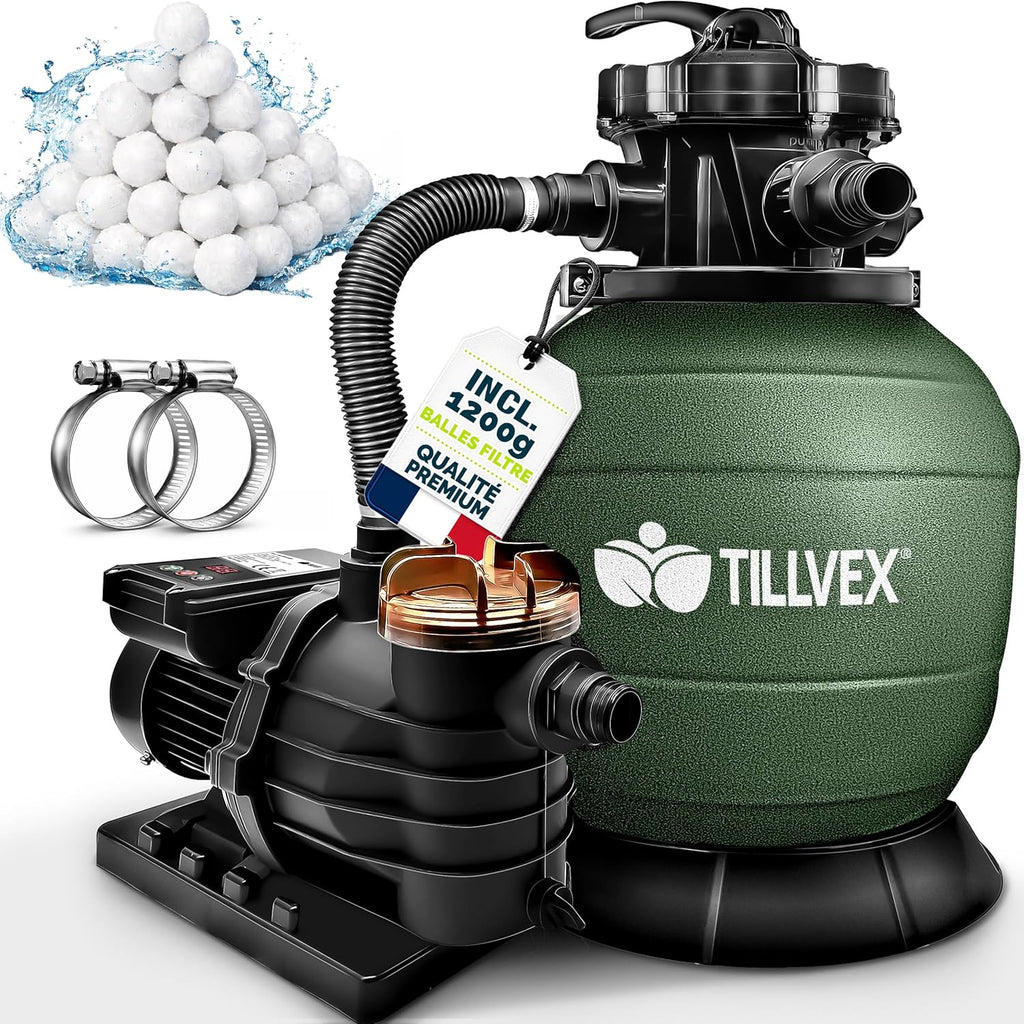 tillvex® Système de Filtre à Sable 13 200L/h jusqu'à 40 000L + 1200g Boules Filtre | 7 Fonctions & Adaptateur 2en1 Ø32-38mm | Filtre piscine & indicateur de pression (Vert, Avec minuterie)