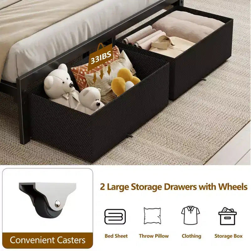 Cadre de lit plateforme pleine grandeur 2 tiroirs de rangement Tête de lit Lumières LED Station de charge Métal Bois robuste Pas besoin de sommier Chambre d'amis USB