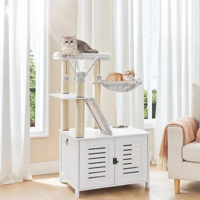 HOOBRO Arbre à Chat avec Maison de Litière pour Chat, Maison pour Chat en Bois avec Tour à Chat, Grège
