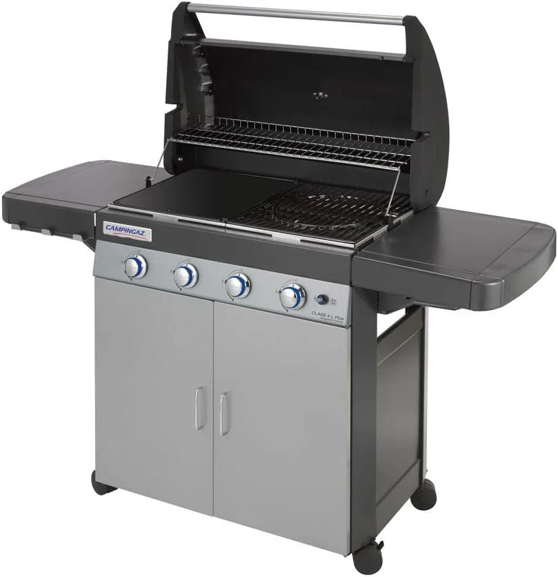 Campingaz Barbecue à gaz Class 4 L Plus, 4 brûleurs, Puissance 12.8kW, Système de nettoyage facile InstaClean, Grille et plancha en fonte double émaillage, 2 tablettes latérales